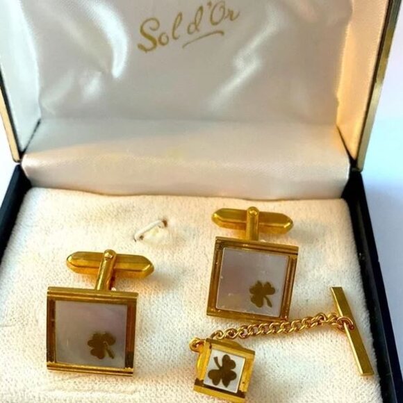 Vintage sol d’or shamrock set of vintage cuff links and tie tack - Picture 1 of 1